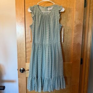 Calvin Klein - Sage Green, Ruffle Cap Sleeve Eyelet Lace Short Dress - S…